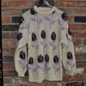 Handmade Chunky Knit Pull-over Wool Purple Tulips Floral Sweater L/G